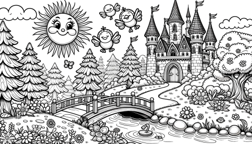 DALLE-2023-11-02-16.30.37---Drawing-in-solid-black-lines-for-a-kids-coloring-page-featuring-a-whimsical-Disney-like-scene.-The-image-includes-a-charming-castle-with-turrets-re.png