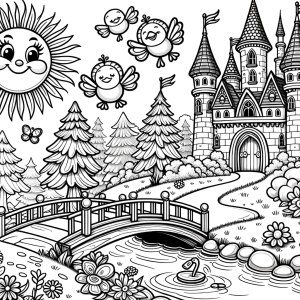DALLE-2023-11-02-16.30.37---Drawing-in-solid-black-lines-for-a-kids-coloring-page-featuring-a-whimsical-Disney-like-scene.-The-image-includes-a-charming-castle-with-turrets-re