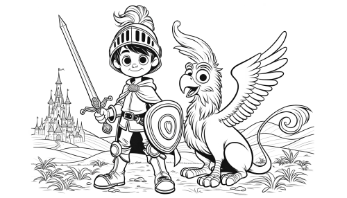 DALLE-2023-11-02-16.49.35---Drawing-in-solid-black-lines-for-a-kids-coloring-page-displaying-a-young-knight-in-training-and-his-loyal-pet-griffin-in-a-Pixar-like-style.-The-kni.png