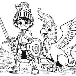 DALLE-2023-11-02-16.49.35---Drawing-in-solid-black-lines-for-a-kids-coloring-page-displaying-a-young-knight-in-training-and-his-loyal-pet-griffin-in-a-Pixar-like-style.-The-kni