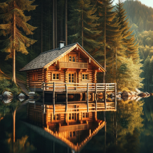 DALLE-2023-11-03-16.16.52---A-photo-capturing-the-charm-of-a-small-rustic-log-cabin-nestled-beside-a-calm-lake-reflecting-the-structure-in-its-mirror-like-surface.-The-cabin-co