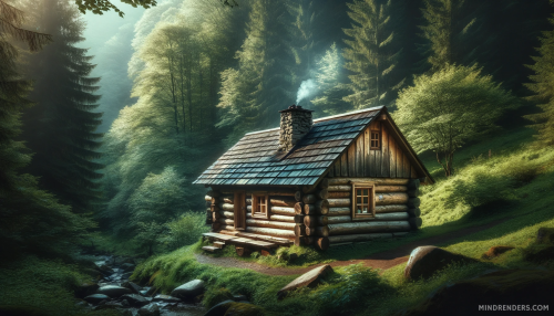 DALL·E 2023 11 03 16.16.58 A photo of a small rustic log cabin surrounded by a lush green forest. Th