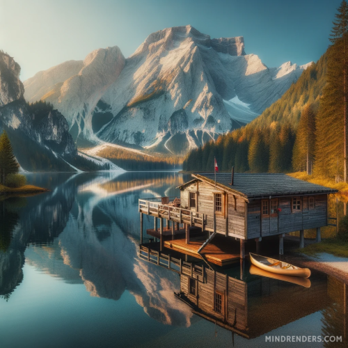 DALL·E 2023 11 03 16.17.21 A small rustic cabin on the edge of a serene mountain lake, with the maje