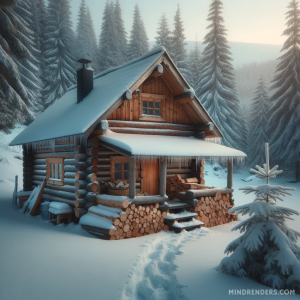 DALLE-2023-11-03-16.17.28---A-rustic-log-cabin-situated-in-a-snowy-landscape-under-the-soft-light-of-dawn.-The-cabin-has-icicles-hanging-from-the-eaves-and-a-stack-of-chopped-fi
