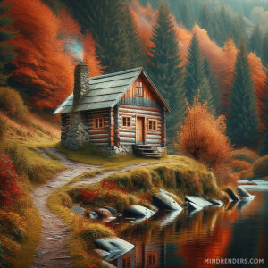 DALLE-2023-11-03-16.17.39---A-small-rustic-log-cabin-by-the-edge-of-a-calm-river-surrounded-by-the-vibrant-colors-of-autumn.-The-cabin-is-simple-with-a-sloped-roof-and-a-stone