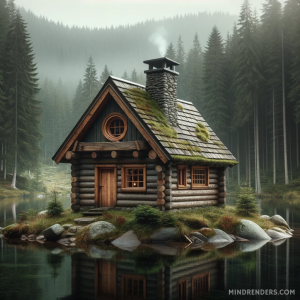 DALLE-2023-11-03-16.17.53---Photo-of-a-tiny-rustic-log-cabin-nestled-within-a-dense-pine-forest.-The-cabin-features-a-sloped-roof-with-moss-growing-on-the-wooden-shingles-a-sto