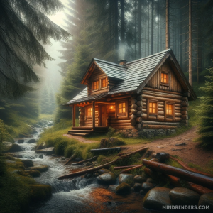 DALLE-2023-11-03-16.18.33---This-image-portrays-a-picturesque-rustic-log-cabin-in-a-secluded-woodland-setting.-The-cabin-is-small-and-appears-handmade-with-logs-that-have-a-natu