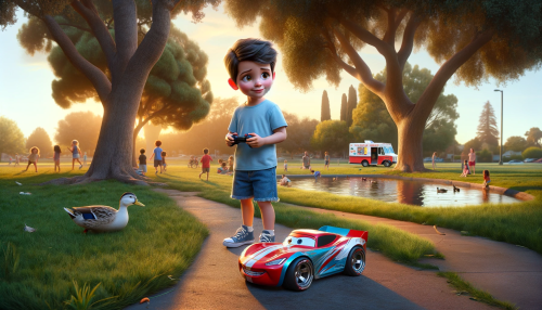 DALLE-2023-11-04-19.34.41---Photo-realistic-Pixar-like-scene-featuring-a-young-boy-with-white-skin-and-dark-brown-hair-wearing-a-light-blue-T-shirt-and-denim-shorts.-Hes-in-a-s.png