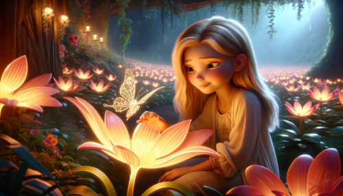 DALLE-2023-11-04-19.35.53---Photo-realistic-image-of-a-Pixar-like-scene-where-a-young-Caucasian-girl-with-golden-blonde-hair-is-sitting-in-a-secret-garden-filled-with-oversized.png