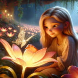 DALLE-2023-11-04-19.35.53---Photo-realistic-image-of-a-Pixar-like-scene-where-a-young-Caucasian-girl-with-golden-blonde-hair-is-sitting-in-a-secret-garden-filled-with-oversized