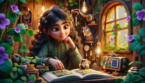 DALLE-2023-11-04-19.36.11---Photo-realistic-image-of-a-Pixar-like-scene-where-a-young-Middle-Eastern-girl-with-long-wavy-hair-is-sitting-inside-a-whimsical-treehouse.-She-is-surr.png