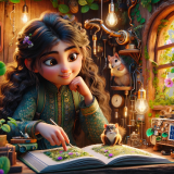 DALLE-2023-11-04-19.36.11---Photo-realistic-image-of-a-Pixar-like-scene-where-a-young-Middle-Eastern-girl-with-long-wavy-hair-is-sitting-inside-a-whimsical-treehouse.-She-is-surr