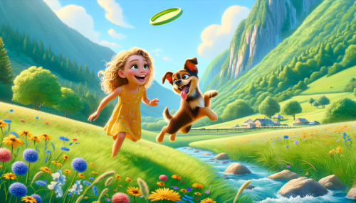 DALLE-2023-11-04-19.44.05---Pixar-like-scene-featuring-a-young-girl-with-light-skin-and-curly-golden-hair-wearing-a-bright-summer-dress-and-playing-in-a-lush-green-valley-with-h.png