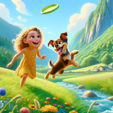 DALLE-2023-11-04-19.44.05---Pixar-like-scene-featuring-a-young-girl-with-light-skin-and-curly-golden-hair-wearing-a-bright-summer-dress-and-playing-in-a-lush-green-valley-with-h