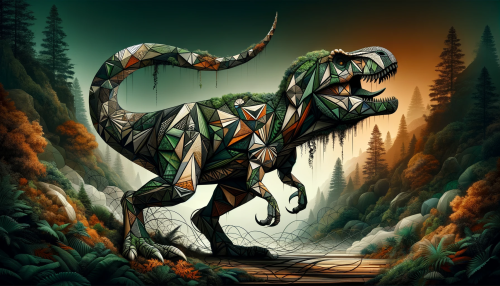 Create a hyper-realistic image in a 16:9 aspect ratio showcasing the 'Wild Geometrica' style, where striking geometric patterns blend seamlessly with the prehistoric world of dinosaurs, focusing on a majestic Tyrannosaurus Rex. The composition should be enriched with a palette of primeval greens, earthy tones, and bold blacks, creating a dynamic and imposing atmosphere. The T-Rex is embellished with complex geometric patterns such as triangles, rhombuses, and various interlocking shapes, all woven into its powerful silhouette. This combination of the dinosaur with geometric precision aims to produce an extraordinary and dramatic visual interplay, resulting in a captivating spectacle that celebrates the intersection of the ancient and the abstract.