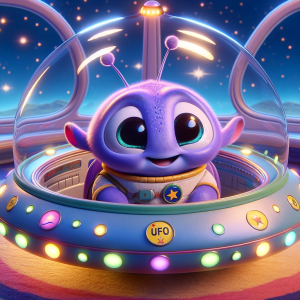 DALLE-2023-11-04-21.38.58---Pixar-like-scene-with-a-cute-chubby-purple-alien-with-large-expressive-eyes-and-two-little-antennae-sitting-inside-a-transparent-domed-spaceship.-Th