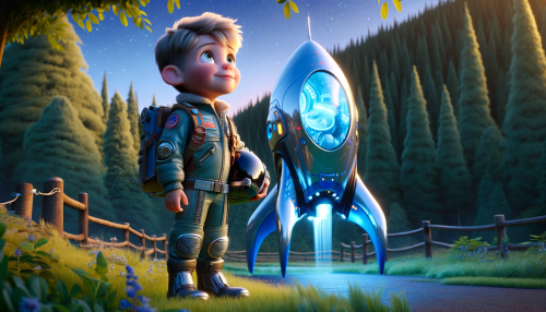 Pixar-like scene depicting a young Caucasian boy with short sandy blonde hair, dressed in a futuristic flight suit, standing next to his sleek, high-tech rocketship. The rocketship has a glossy finish with vibrant blue and silver colors, and it emits a soft glow from its engines, indicating it's ready for takeoff. The boy is gazing up at the sky, filled with wonder and excitement, as he holds a helmet under his arm. The background shows a lush green clearing on the edge of a dense forest, with the early evening sky starting to twinkle with stars.