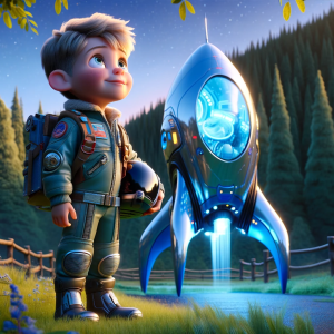 DALLE-2023-11-04-21.48.27---Pixar-like-scene-depicting-a-young-Caucasian-boy-with-short-sandy-blonde-hair-dressed-in-a-futuristic-flight-suit-standing-next-to-his-sleek-high-t