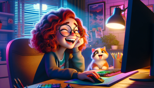 DALLE-2023-11-04-21.54.37---Pixar-like-scene-depicting-a-young-Caucasian-girl-with-red-curly-hair-and-glasses-laughing-while-sitting-at-a-computer-with-RGB-lights.-A-cute-cat-is.png