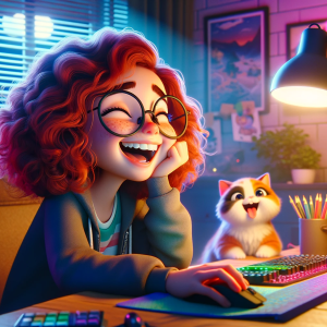 DALLE-2023-11-04-21.54.37---Pixar-like-scene-depicting-a-young-Caucasian-girl-with-red-curly-hair-and-glasses-laughing-while-sitting-at-a-computer-with-RGB-lights.-A-cute-cat-is