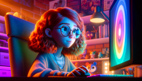 DALLE-2023-11-04-21.54.53---Pixar-like-scene-depicting-a-young-Caucasian-girl-with-red-curly-hair-and-glasses-focused-intently-on-a-computer-screen-which-casts-a-colorful-glow-f.png