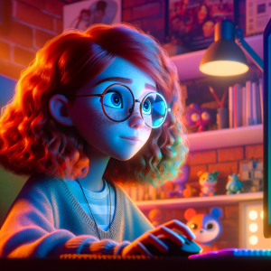 DALLE-2023-11-04-21.54.53---Pixar-like-scene-depicting-a-young-Caucasian-girl-with-red-curly-hair-and-glasses-focused-intently-on-a-computer-screen-which-casts-a-colorful-glow-f