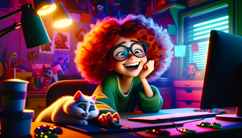 DALL·E 2023 11 04 21.54.59 Pixar like scene with a young Caucasian girl with red curly hair, laughin