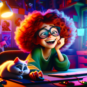 DALLE-2023-11-04-21.54.59---Pixar-like-scene-with-a-young-Caucasian-girl-with-red-curly-hair-laughing-heartily-as-she-looks-at-her-computer-screen.-Shes-wearing-glasses-and-sea