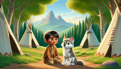 DALLE-2023-11-04-21.58.22---Pixar-like-scene-depicting-a-young-Indian-boy-with-a-baby-wolf.-They-are-near-Indian-teepees-with-lush-trees-and-distant-mountains-in-the-background.png