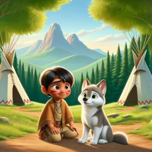 DALLE-2023-11-04-21.58.22---Pixar-like-scene-depicting-a-young-Indian-boy-with-a-baby-wolf.-They-are-near-Indian-teepees-with-lush-trees-and-distant-mountains-in-the-background