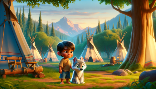 DALLE-2023-11-04-21.58.25---Pixar-like-scene-depicting-a-young-Indian-boy-with-a-baby-wolf.-They-are-near-Indian-teepees-with-lush-trees-and-distant-mountains-in-the-background.png