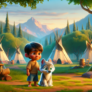 DALLE-2023-11-04-21.58.25---Pixar-like-scene-depicting-a-young-Indian-boy-with-a-baby-wolf.-They-are-near-Indian-teepees-with-lush-trees-and-distant-mountains-in-the-background