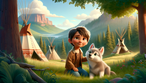 Pixar-like scene depicting a young Indian boy with a baby wolf. They are near Indian teepees with lush trees and distant mountains in the background, creating a serene atmosphere.