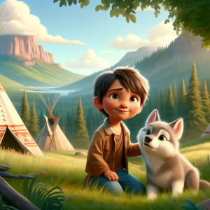 DALLE-2023-11-04-21.58.47---Pixar-like-scene-depicting-a-young-Indian-boy-with-a-baby-wolf.-They-are-near-Indian-teepees-with-lush-trees-and-distant-mountains-in-the-background