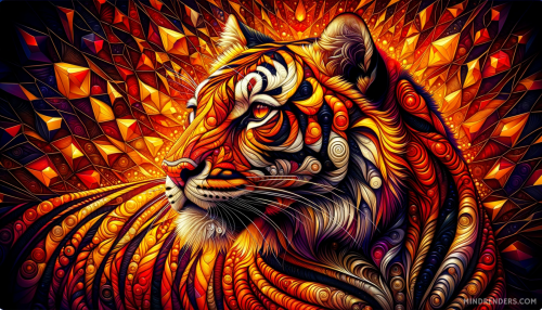 Photo in a 16:9 aspect ratio showcasing the Wild Geometrica style, where vivid geometric patterns merge seamlessly with the world of animals, with a focus on a tiger. The composition is drenched in hues of fiery orange, luminous gold, and deep crimson, providing a lustrous and intense backdrop. Complex patterns such as lattice, arcs, and numerous polygons are skillfully woven into the grand profile of the tiger, resulting in a fascinating and dramatic spectacle of color and shape.