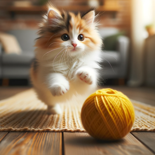 DALLE-2023-10-23-14.22.12---Photo-of-a-fluffy-calico-kitten-chasing-a-rolling-ball-of-yellow-yarn-across-a-wooden-floor.png