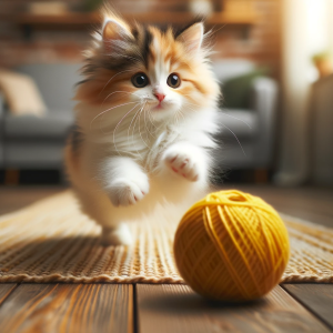 DALLE-2023-10-23-14.22.12---Photo-of-a-fluffy-calico-kitten-chasing-a-rolling-ball-of-yellow-yarn-across-a-wooden-floor