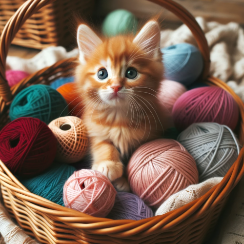DALLE-2023-10-23-14.22.17---Photo-of-a-ginger-kitten-sitting-inside-a-basket-surrounded-by-multicolored-yarn-balls-looking-curiously-at-one-of-them.png