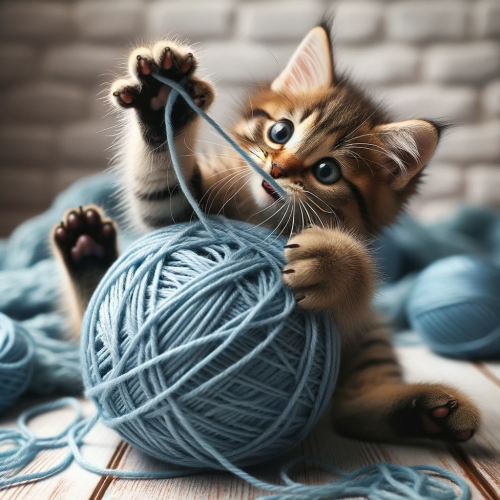 DALL·E 2023 10 23 14.22.27 Photo of a playful tabby kitten entangled in a ball of blue yarn, trying 