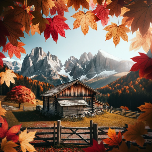 DALLE-2023-10-25-12.53.47---Square-photo-capturing-a-peek-through-a-veil-of-vibrant-fall-colored-leaves.-Beyond-this-natural-frame-a-rustic-cabin-sits-serenely-at-the-base-of-ma.png