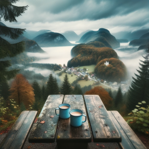 DALLE-2023-10-25-12.55.10---Square-format-image-displaying-a-weathered-picnic-table-atop-a-scenic-vantage-point.-On-the-table-two-blue-tin-coffee-cups-sit-reflecting-the-overca