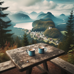 DALLE-2023-10-25-12.55.48---Square-format-image-showcasing-a-rustic-worn-picnic-table-perched-atop-a-scenic-overlook.-On-its-surface-two-blue-tin-coffee-cups-sit-possibly-stil