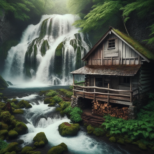 DALL·E 2023 10 25 12.56.19 Square format image of a rustic cabin at the base of a cascading waterfal