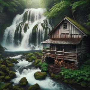 DALLE-2023-10-25-12.56.19---Square-format-image-of-a-rustic-cabin-at-the-base-of-a-cascading-waterfall.-The-cabin-with-its-rough-wooden-planks-sits-adjacent-to-the-waters-edge