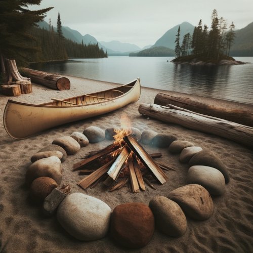 DALL·E 2023 10 25 12.57.30 Square photo of a rustic campfire on a wilderness lake beach. The fire is