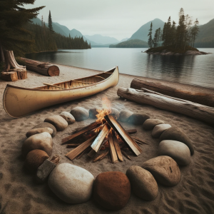 DALLE-2023-10-25-12.57.30---Square-photo-of-a-rustic-campfire-on-a-wilderness-lake-beach.-The-fire-is-surrounded-by-a-circle-of-large-weathered-stones-and-driftwood-logs-serve