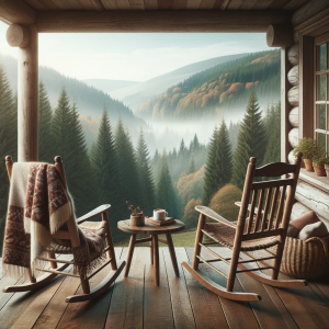 DALLE-2023-10-25-12.57.49---Square-picture-of-a-rustic-porch-with-wooden-rocking-chairs-overlooking-a-serene-forest-landscape.-A-woolen-blanket-is-draped-over-one-of-the-chairs