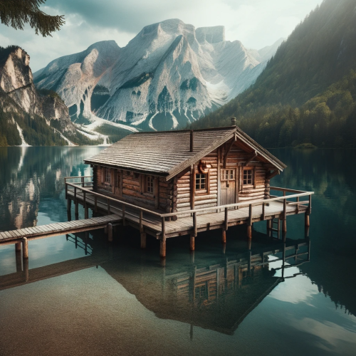 DALLE-2023-10-25-12.58.12---Square-format-image-of-a-rustic-cabin-located-on-the-edge-of-a-tranquil-mountain-lake.-The-cabin-constructed-with-reclaimed-logs-has-a-small-wooden.png