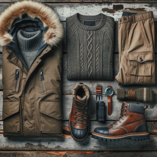DALLE-2023-10-27-10.25.25---Overhead-photo-of-a-flat-lay-featuring-mens-wilderness-attire-on-a-worn-out-wood-backdrop.-The-arrangement-includes-a-waterproof-parka-lace-up-boots.png