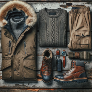 DALLE-2023-10-27-10.25.25---Overhead-photo-of-a-flat-lay-featuring-mens-wilderness-attire-on-a-worn-out-wood-backdrop.-The-arrangement-includes-a-waterproof-parka-lace-up-boots